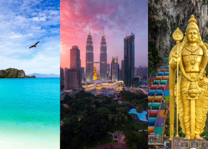 Golden Lord Murugan statue and Batu Caves entrance in Malaysia