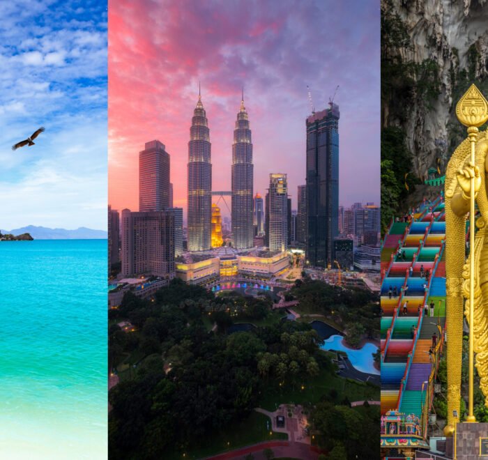 Golden Lord Murugan statue and Batu Caves entrance in Malaysia